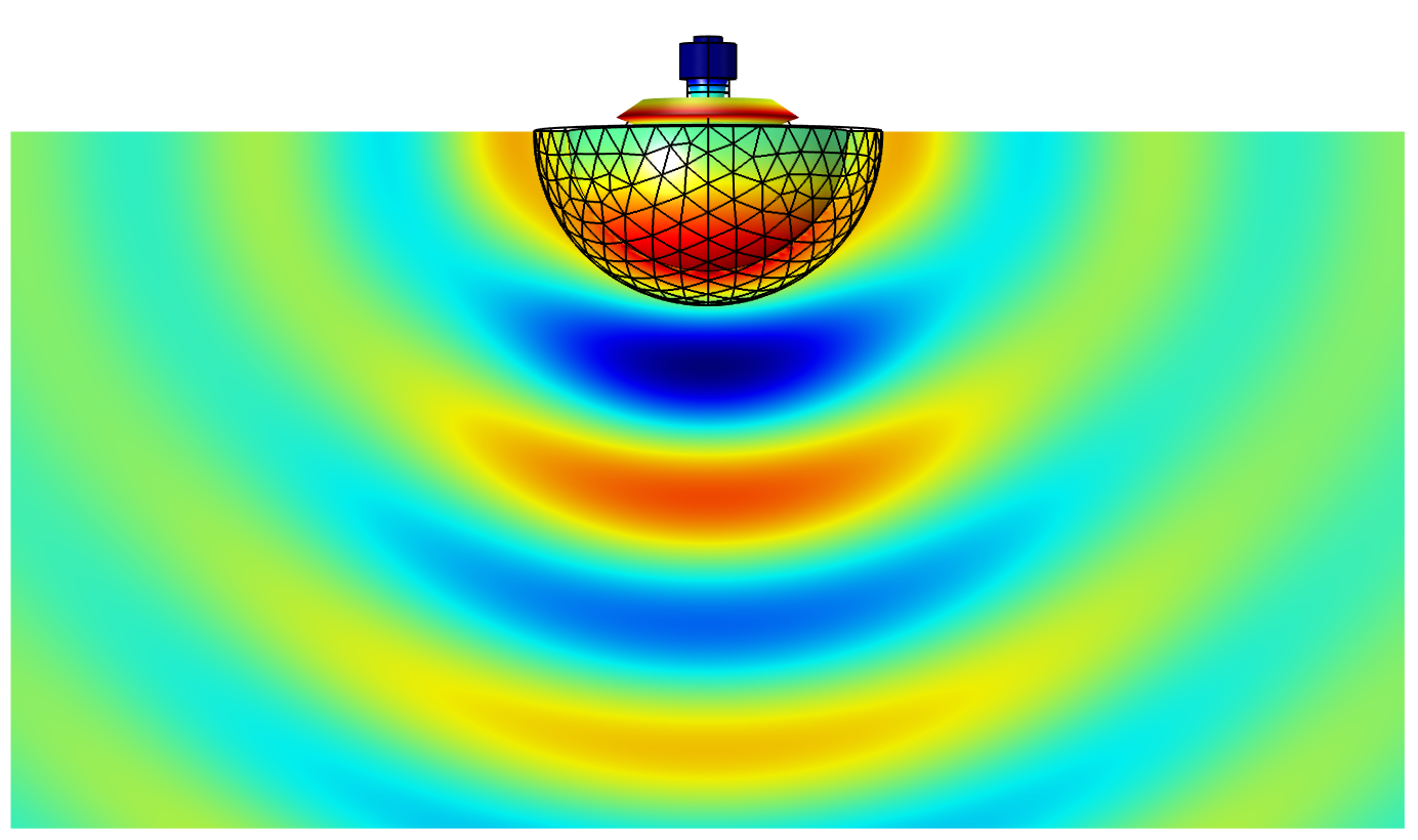 El campo de presión graficado fuera del dominio computacional (fuera de la malla) en el ejemplo Piezoelectric Tonpilz Transducer utilizando el conjunto de datos Grid 3D y la funcionalidad de cálculo de campo lejano. El postprocesado en el transductor se grafica en la malla del modelo, mientras que el postprocesado en el campo lejano se dibuja en una rejilla rectangular simple e invisible en el espacio que abarca al transductor.