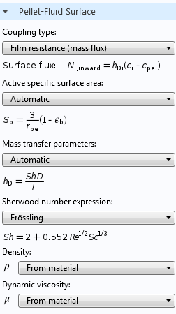 La opción de resistencia de la película puede calcular automáticamente el coeficiente de la película a partir del número de Sherwood. Opcionalmente, se pueden entrar coeficientes de transferencia definidos por el usuario.