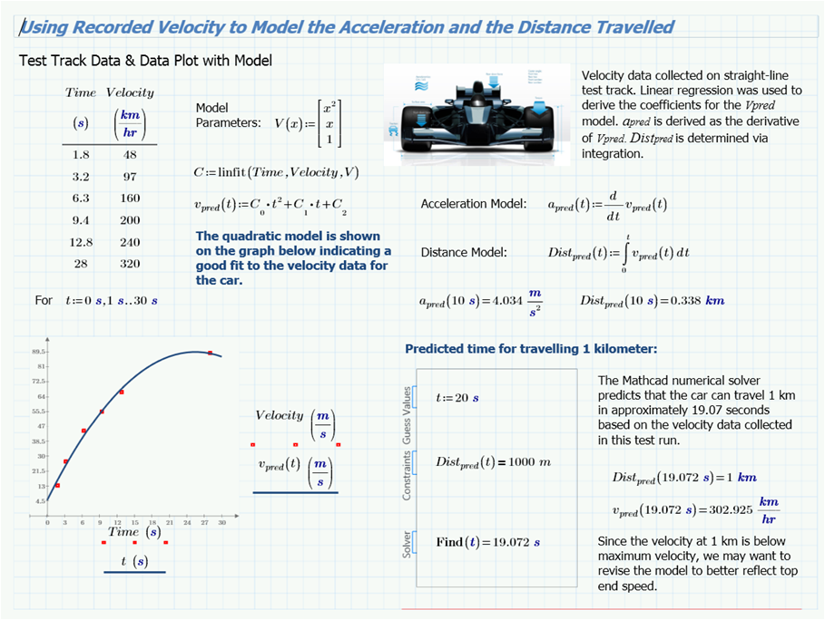 Documento de Mathcad. Uso de los registros de velocidad para modelar la aceleración y la distancia recorrida
