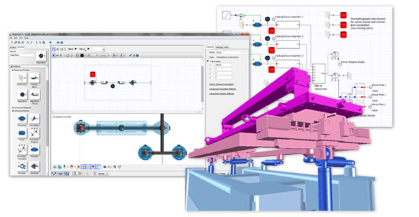 Vista del esquema 2D del subsistema de pilares (mitad superior), vista gráfica superior del sistema construido (mitad inferior), esquemático 2D del modelo completo de MapleSim con subsistemas para los seis pilares y el espejo, vista gráfica 3D del modelo de MapleSim en modo playback.