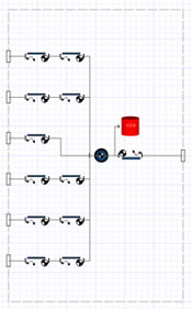 Vista del esquemático 2D del subsistema tanque del espejo con marcos de cuerpo rígido (i.e. desplazamientos) adheridos a un cuerpo rígido.