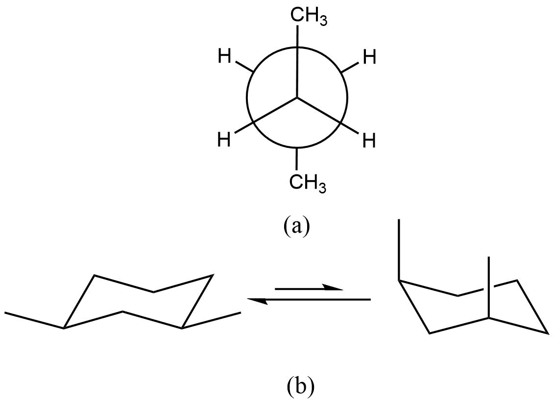 (a) Proyección de Newman del butano (b) Confórmeros del cis-1,3-dimetilciclohexano