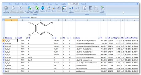 Cuerpo estructural con grupos R analizados y mostrados por ChemDraw para Excel a partir del conjunto de compuestos de la figura anterior