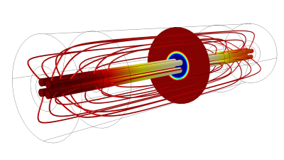 Un campo magnético (corte circular), producido por la corriente que pasa a través de una bobina, provoca un aumento de temperatura en los cuatro tubos de este modelo de calentador de inducción en línea.