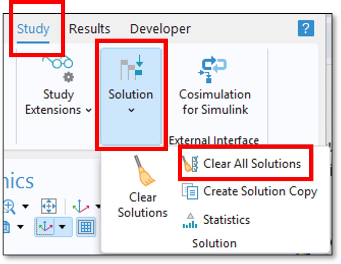 Figura 1. Cómo borrar las soluciones en COMSOL Multiphysics®.