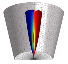 Quemador con boquilla circular: Simulación de la combustión turbulenta en un quemador con una boquilla circular. Los resultados muestran la temperatura y la fracción de masa de CO2 en el chorro del quemador.