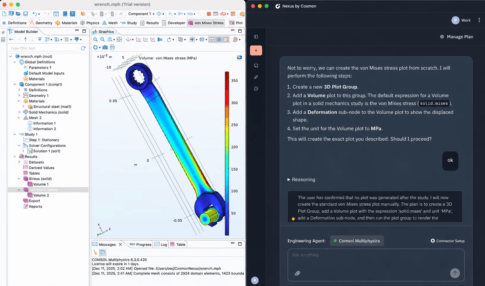 Creación de un gráfico de tensión en un modelo de COMSOL Multiphysics con la asistencia del agente de IA Nexus